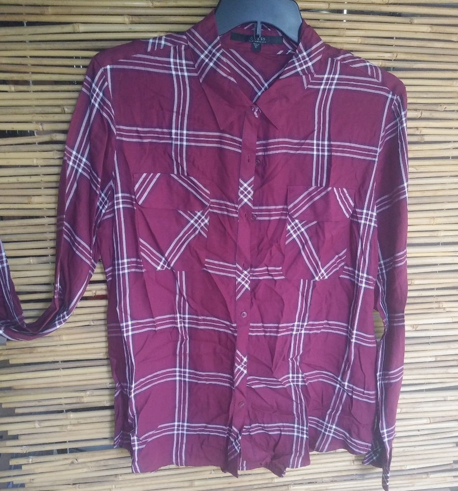 GUESS XL Red Plaid Pocketed Top Plus